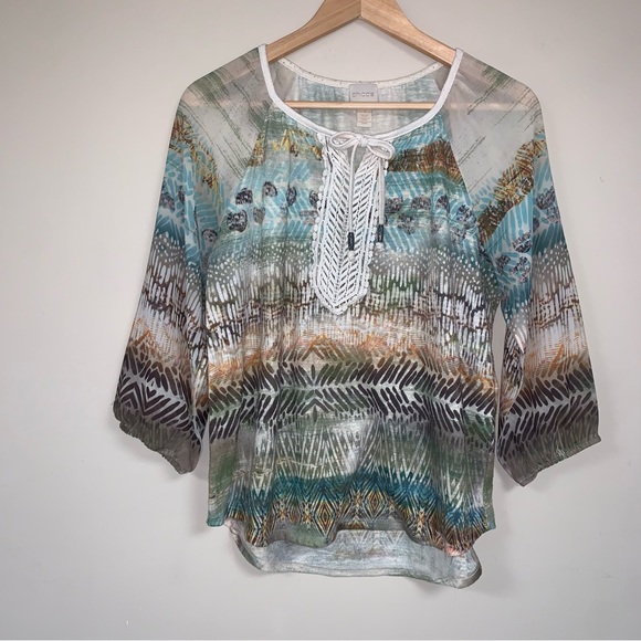 CHICOs Boho Blouse Women Medium 8 Embroidered Top Winter Neutral Natural Fall - Picture 6 of 14